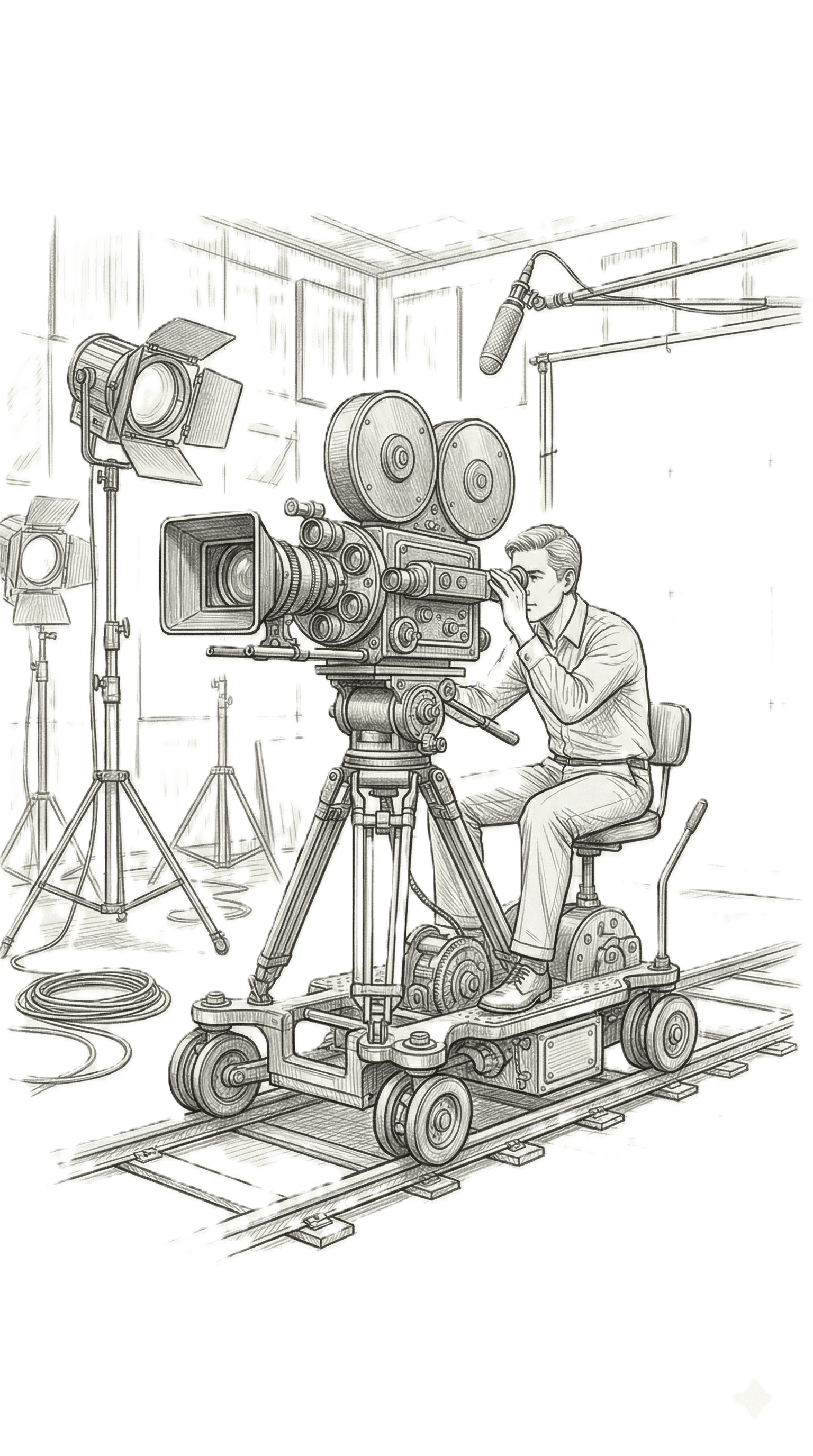 Pencil sketch of a film crew filming with a camera on a dolly.