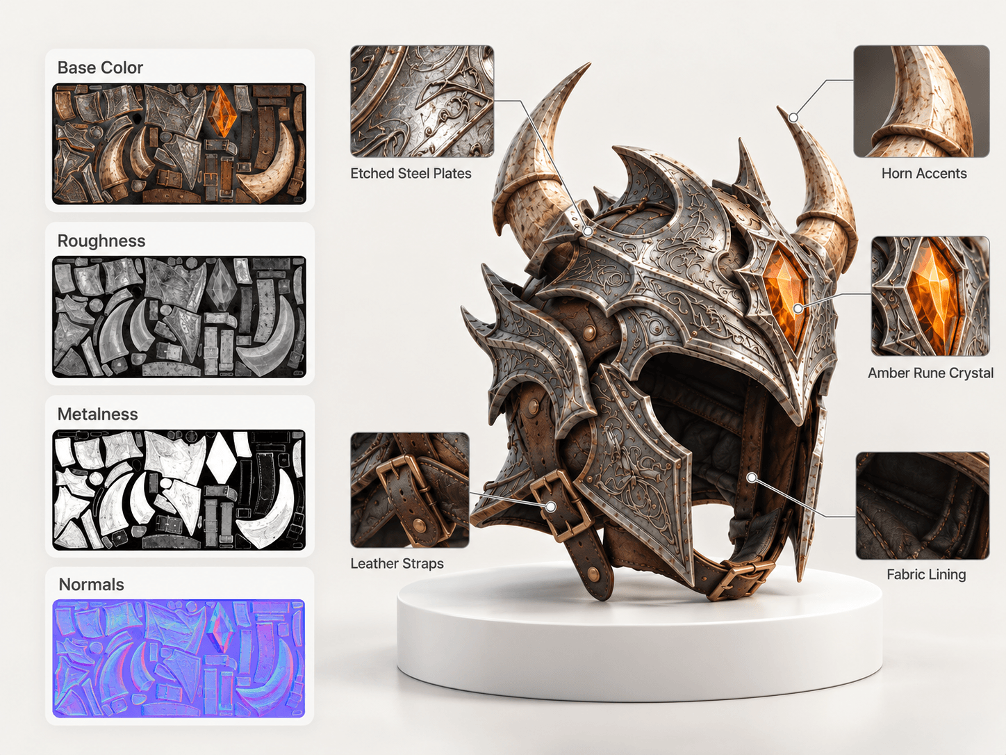 Base color, roughness, metalness, and normal maps laid out beside the textured helmet.