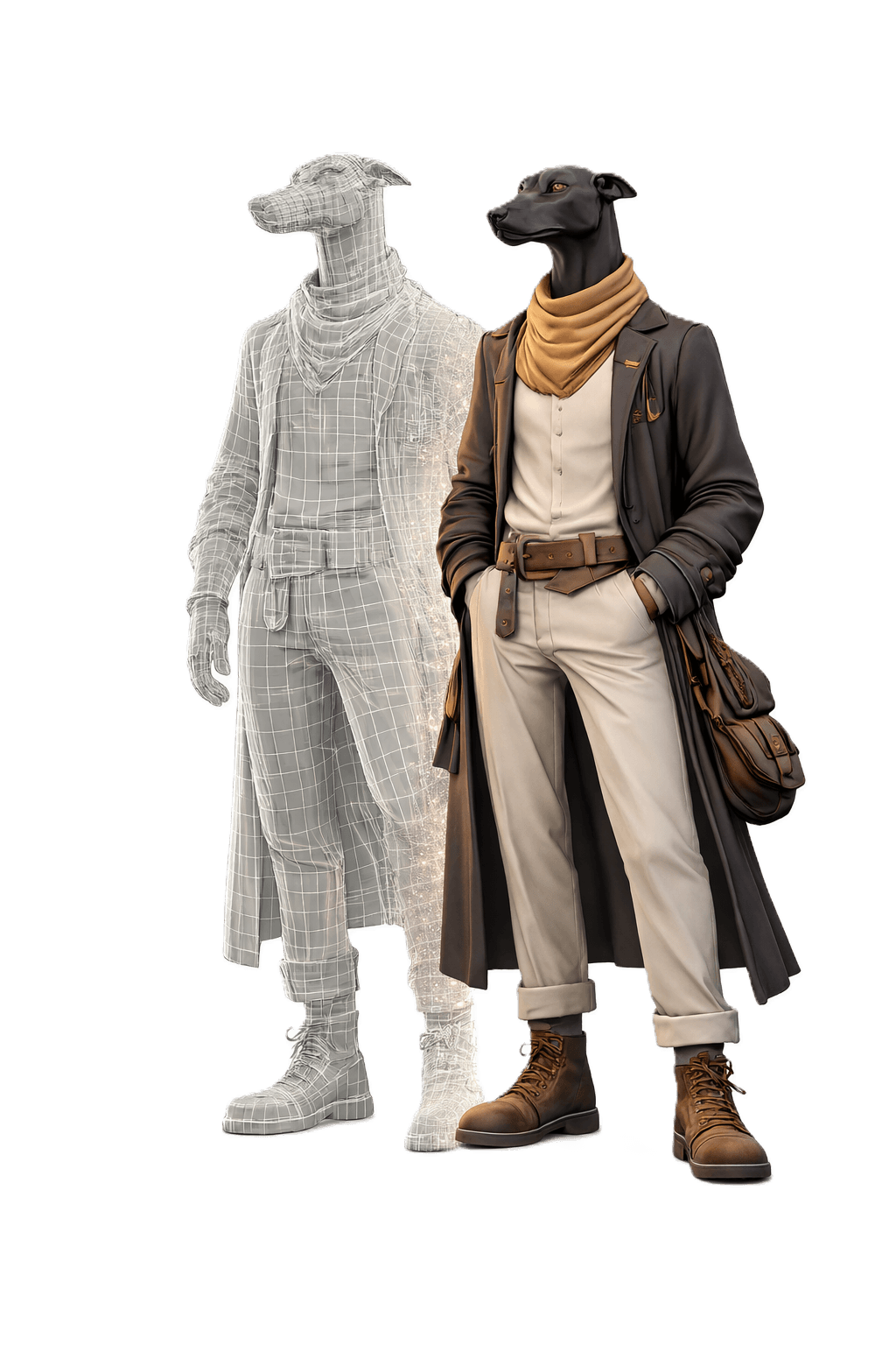The 3D model built from that picture, shown untextured and textured.